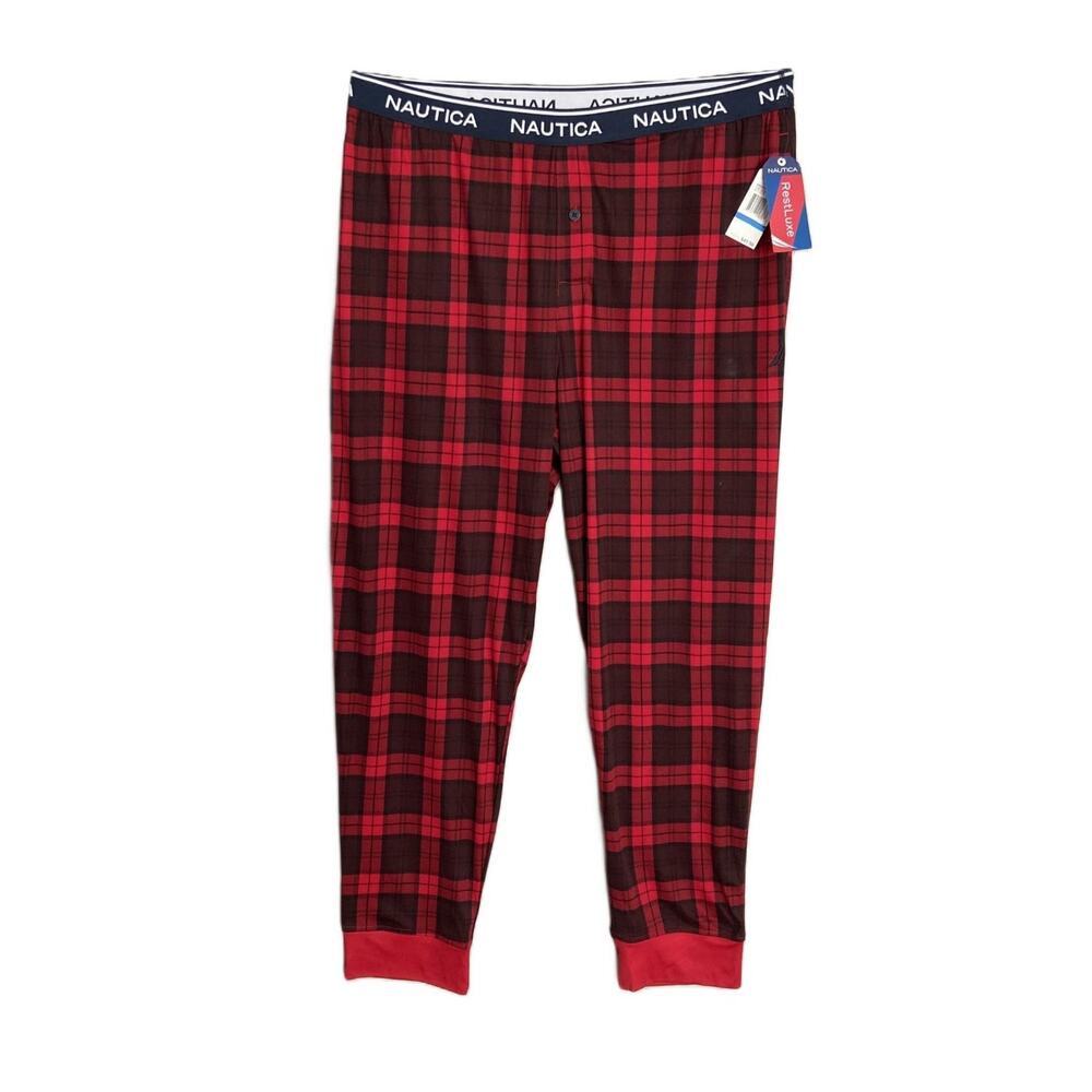 Nautica Sleep Pant Men's Large RestLuxe Elastic Waist Pockets Red/Black Ck NEW